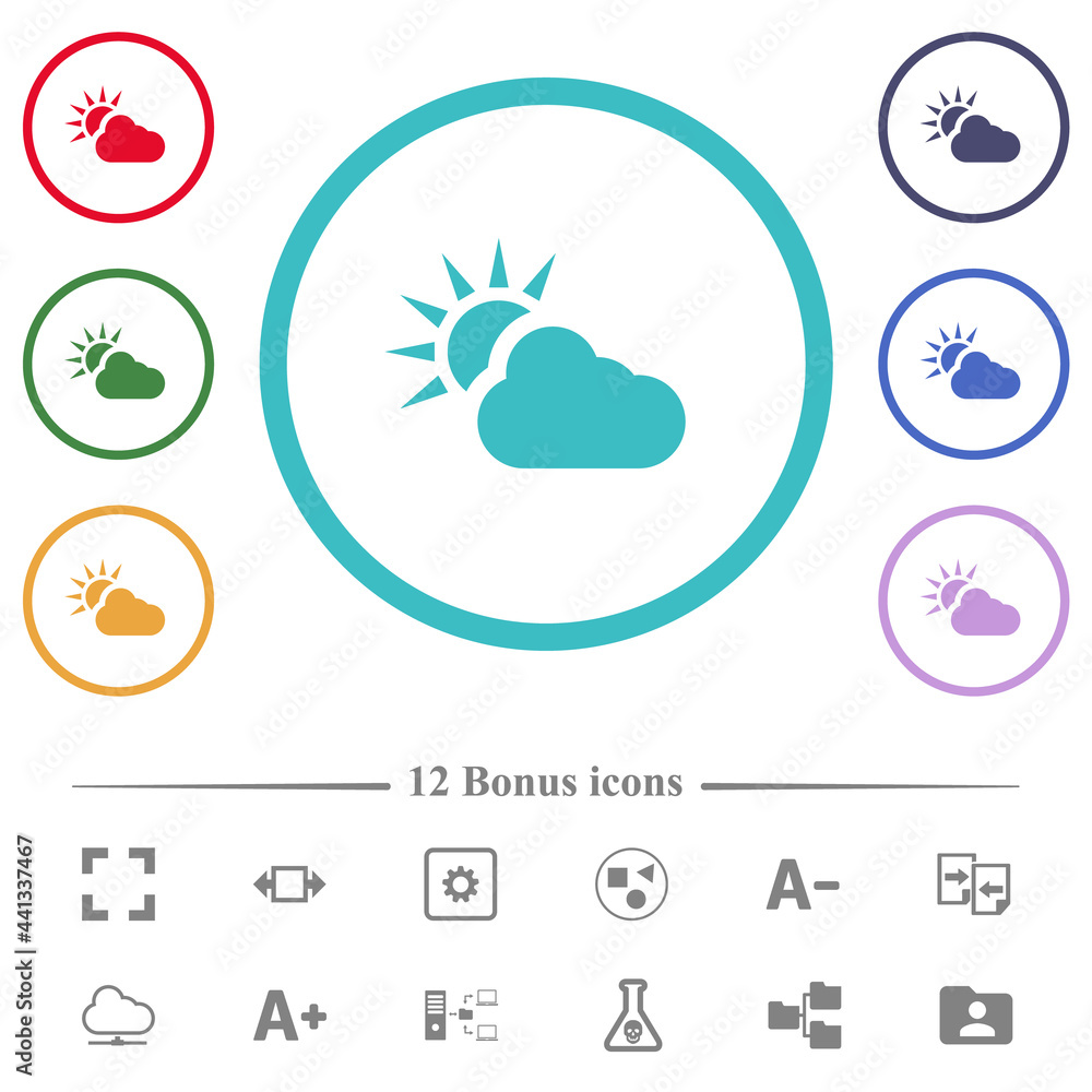 Cloudy weather flat color icons in circle shape outlines Cloudy weather flat color icons in circle shape outlines