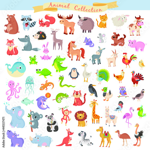 Big set of cute vector animals on white background