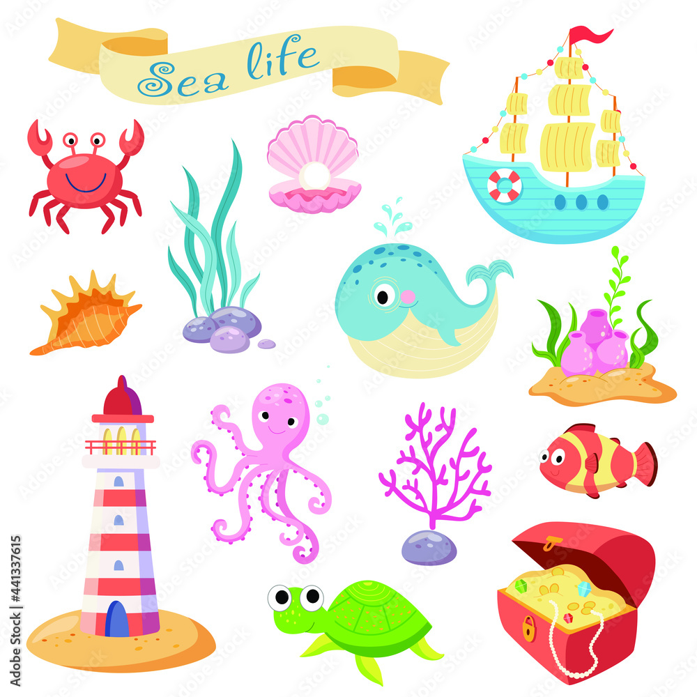 Cute sea life creatures cartoon animals with different elements set on white background vector illustration Cute sea life creatures cartoon animals with different elements set on white background vector illustration