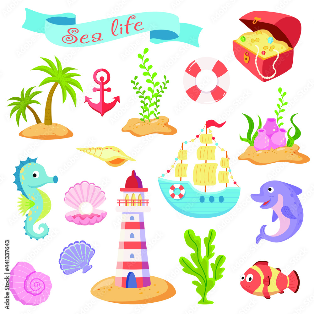 Cute sea life creatures cartoon animals set on white background vector illustration