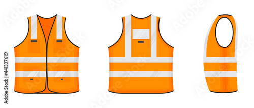 Safety reflective vest icon sign flat style design vector illustration set. Orange fluorescent security safety work jacket with reflective stripes. Front, side and back view road uniform vest.