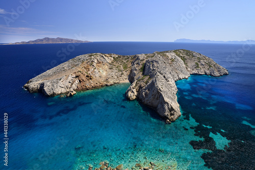 View of the islet of Prasini in the Makares archipelago in the Aegean Sea near the island of Donoussa in the Greek Cyclades