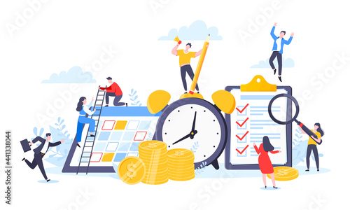 Time is money or saving money business concept. Tiny people working with clock, calendar schedule and checklist symbol. Time management flat style vector illustration isolated on white background.