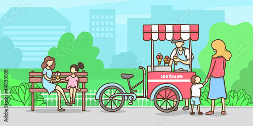 Bike ride with ice cream in the city park. Mom and child eat ice cream sitting on a bench. Colorful vector illustration in the doodle style. Horizontal