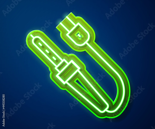 Glowing neon line Soldering iron icon isolated on blue background. Vector