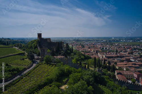 Soave castle aerial view, province of Verona, Italy. Aerial panorama of Italy castles.