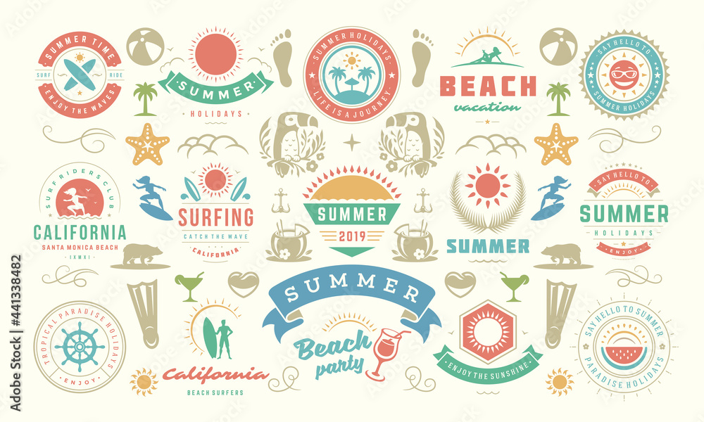 Fototapeta premium Summer holiday labels and badges design set retro typography for posters and t-shirts.