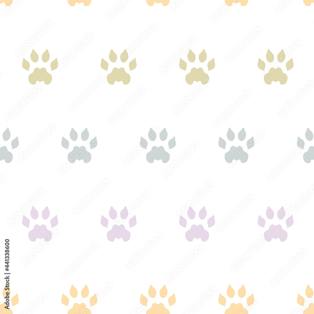 Vector Pastel Rainbow Wild Animal Paw Prints on White seamless pattern background. Perfect for fabric, scrapbooking and wallpaper projects.