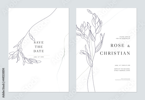 Minimalist foliage wedding invitation card template design, flowers line art ink drawing on white