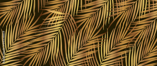 Gold palm leaves background vector. Luxury tropical leaves wallpaper design for prints, wall art, home decor, fabric ,banner, poster, cover, package background and business cards background. 