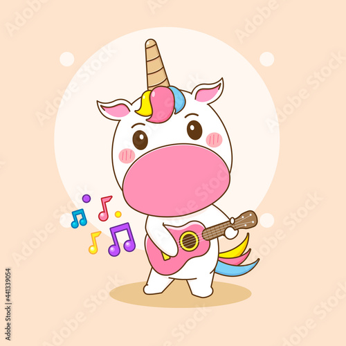 Cartoon illustration of cute unicorn character playing guitar