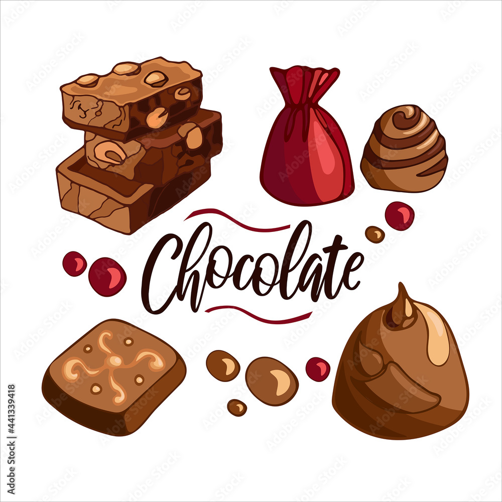 Set bright delicious pieces of milk chocolate with nuts, candies, dragees. Celebrate World Chocolate Day. Vector illustration of dessert food. For packaging, menu, cookbook, postcard, banner, poster. Set bright delicious pieces of milk chocolate with nuts, candies, dragees. Celebrate World Chocolate Day. Vector illustration of dessert food. For packaging, menu, cookbook, postcard, banner, poster.