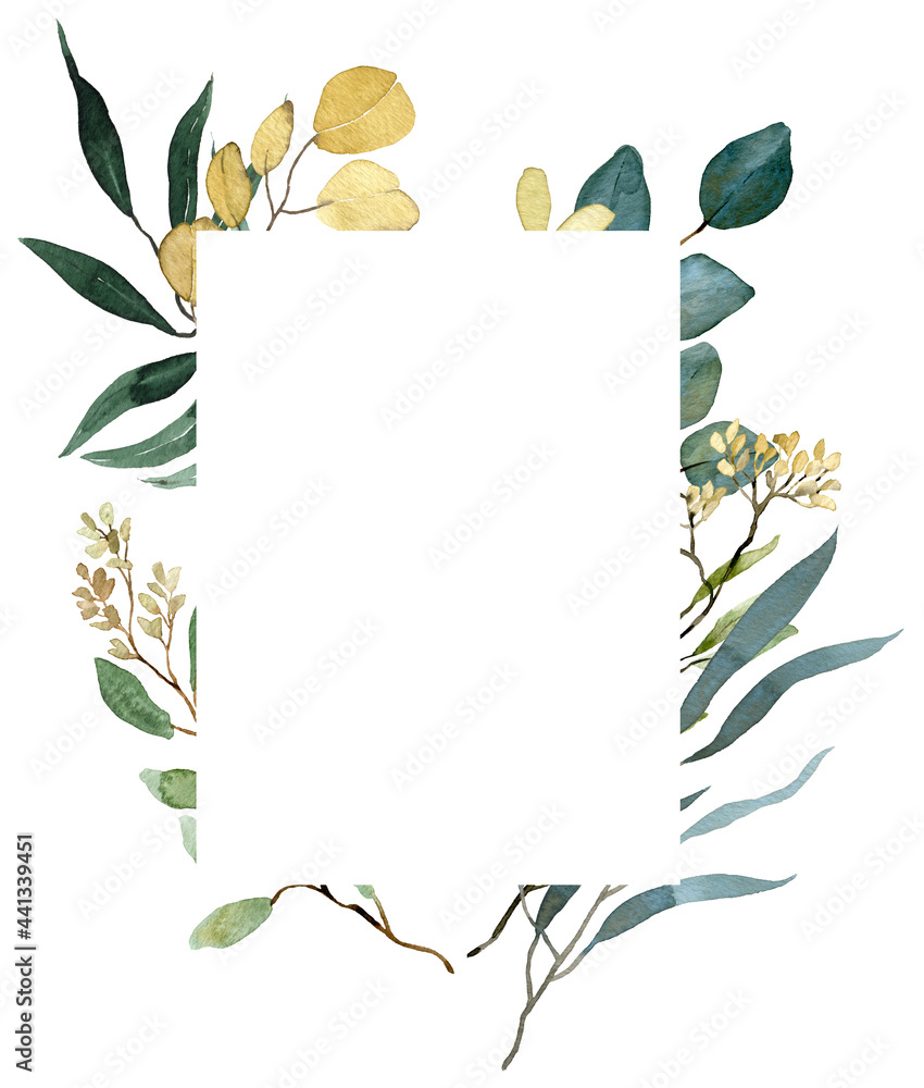Watercolor summer greenery template. Eucalyptus, spring greenery. Wedding floral invitation frame.