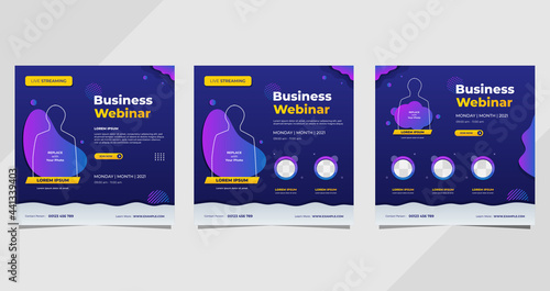 Collection of social media post templates. Vector graphics of dark blue and purple background, perfect for marketing webinar, business webinar and other online seminars