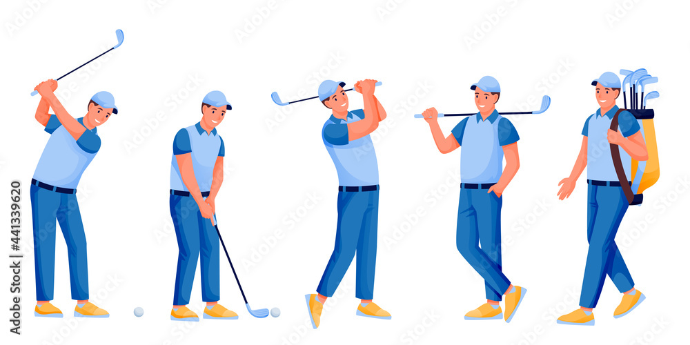 Obraz premium Male playing golf, vector flat cartoon character illustration white background. Golfer with golf club, ball and bag