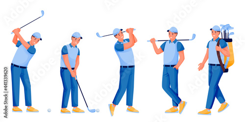 Male playing golf, vector flat cartoon character illustration white background. Golfer with golf club, ball and bag