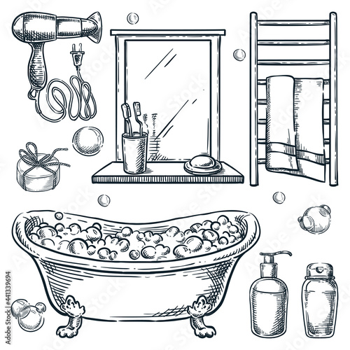 Bathroom interior isolated design elements. Vector hand drawn sketch illustration. Bath and shower set