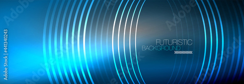 Dark abstract background with glowing neon circles. Trendy layout template for business or technology presentation, internet poster or web brochure cover, wallpaper