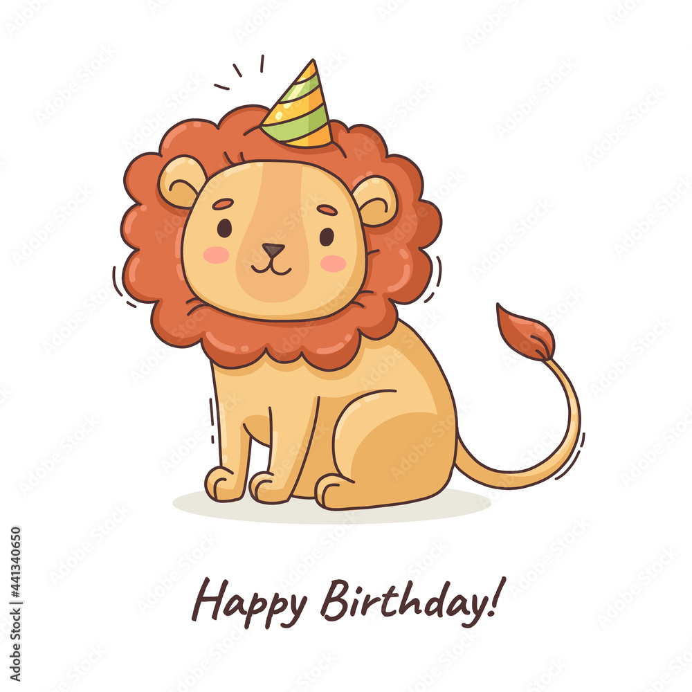 Cartoon cute lion Happy birthday card Stock Vector | Adobe Stock