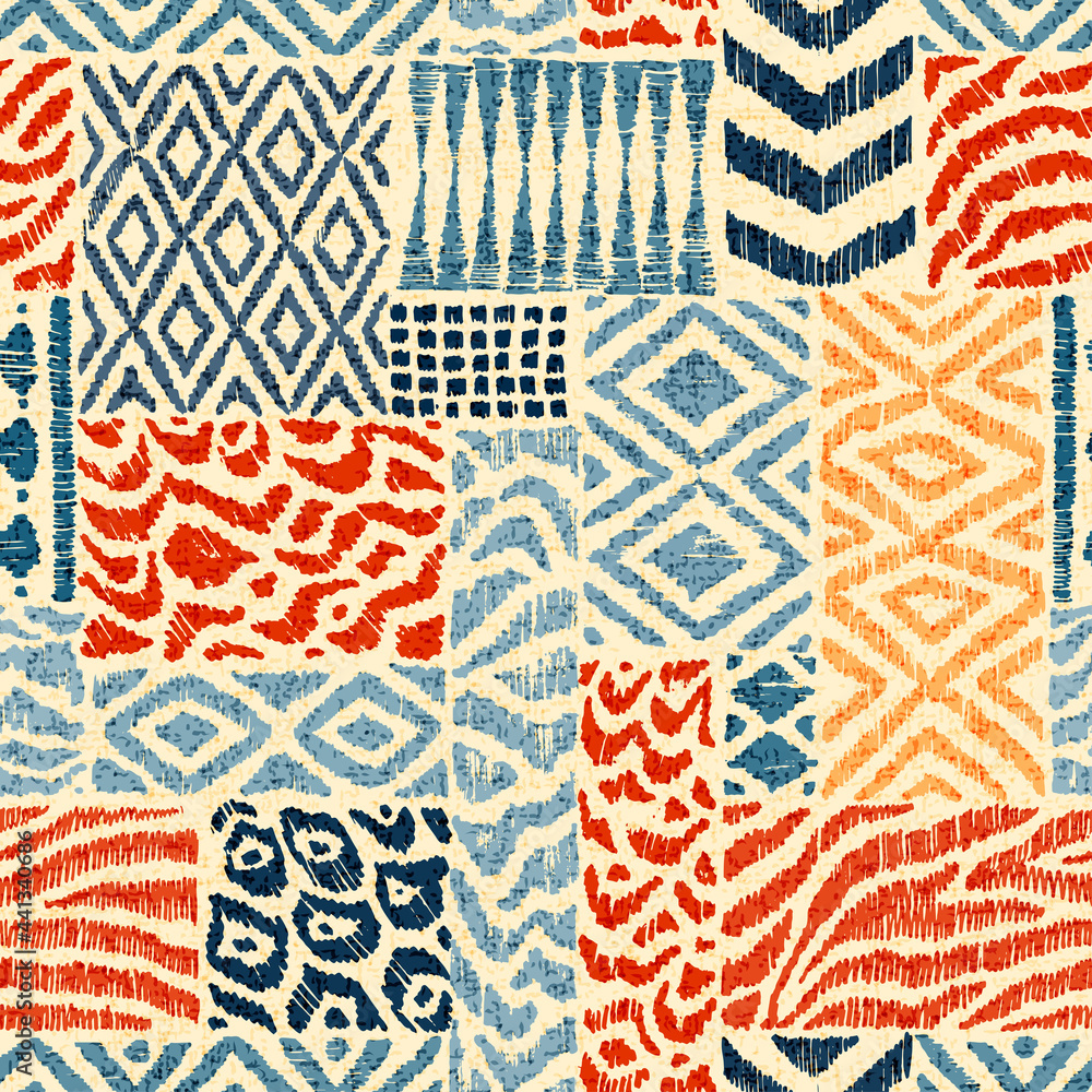 Seamless patchwork pattern. A collection of hand-drawn textures. Animal print for textiles. Ethnic and tribal motifs. Vector illustration in the style of boho. - obrazy, fototapety, plakaty 