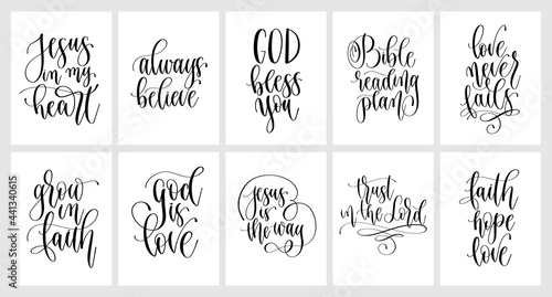 Set of hand lettering christian quotes, positive phrases about God and praying