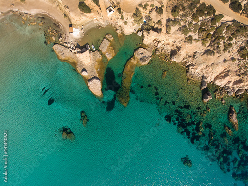 aerial view from the drone on the southern coast of the Greek island of Milos near Fyriplaka photo