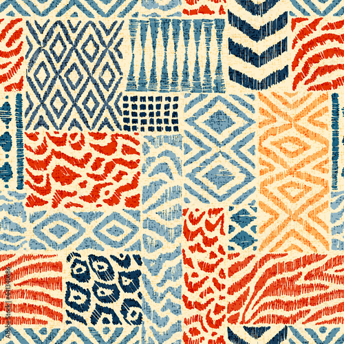 Seamless patchwork pattern. A collection of hand-drawn textures. Animal print for textiles. Ethnic and tribal motifs. Vector illustration in the style of boho. photo