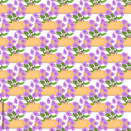 Seamless pattern with sticking plasters and purple flowers. Medical patch repeat texture. On white background. Stock vector illustration.