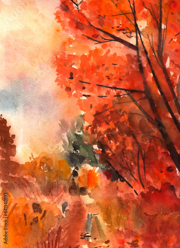 Autumn landscape watercolor. Autumn theme screensaver. Hand drawn landscape.