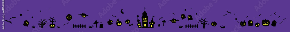 ハロウィンの装飾 夜の不気味なお城、ライン、区切り線 紫背景（No.4）