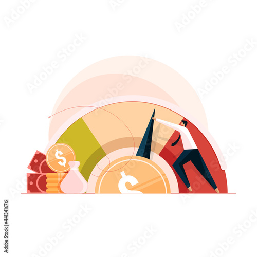 cost controlling and expanse reduction, dollar rate decrease, price minimizing with performance chart, businessman cost Cutting the budget