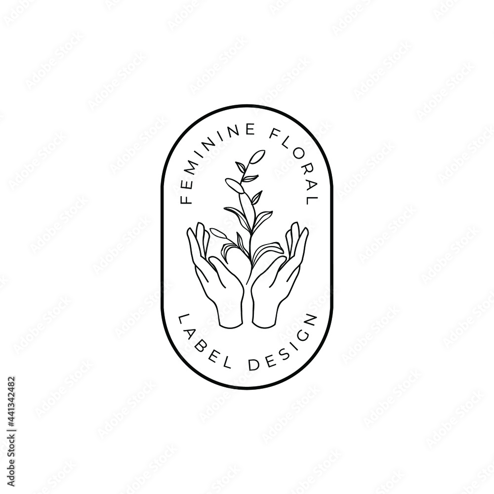 Open Hand With Botanical Flower Leaves Line Art Badge Vector Illustration Template Icon Open Hand With Botanical Flower Leaves Line Art Badge Vector Illustration Template Icon