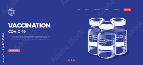 Covid-19 coronavirus vaccine bottle. Landing page template. Isolated vector illustration.