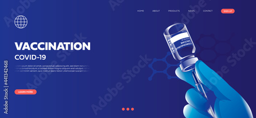 Landing page for coronavirus vaccination site. Drug preparations, vaccine, medical hand with syringe .Vector illustration