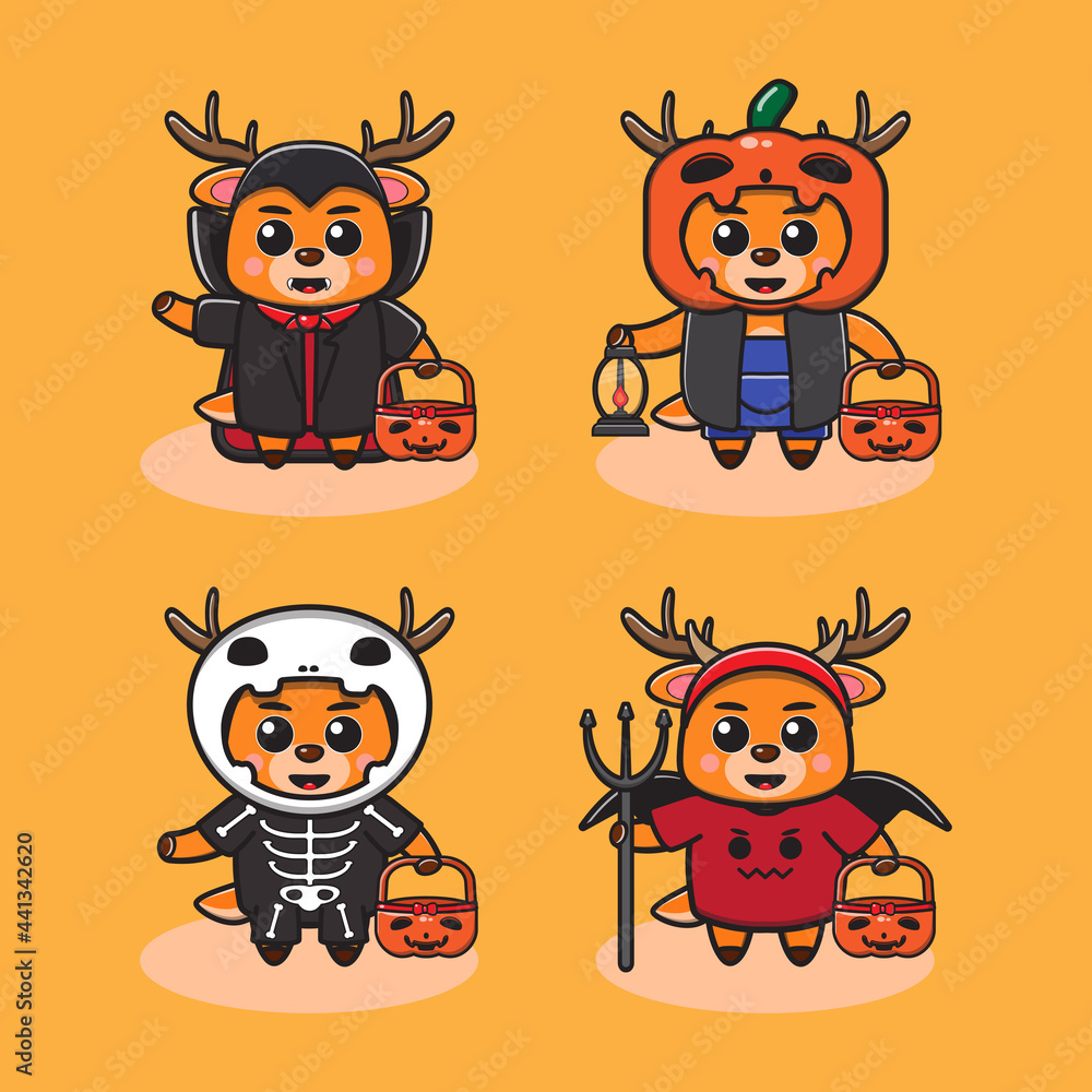 Vector illustration of cute Little Deer Halloween cartoon set. Dracula