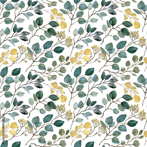 Watercolor seeded eucalyptus pattern. Golden and green leaves. Greenery branches background.