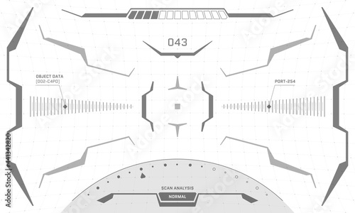 VR HUD interface crosshair screen black and white design. Futuristic sci-fi virtual reality view head up display visor. GUI UI digital technology control center dashboard panel vector eps illustration