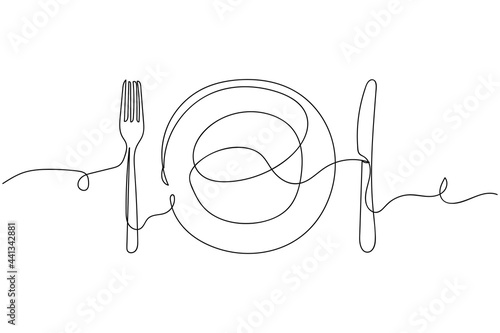 Continuous one line of plate, knife and fork in silhouette on a white background. Linear stylized.Minimalist.