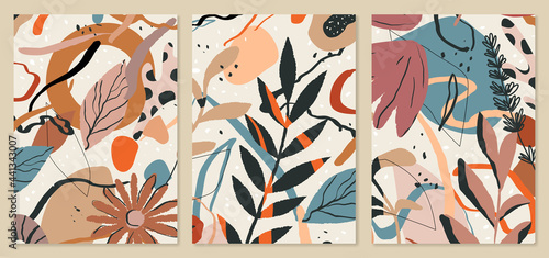 Botanical background templates. Abstract tropical leaves illustrations. Trendy mid century art, boho home decor, abstract floral wall art.