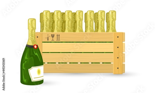 Cartoon wooden box of prosecco or sparkling wine bottles. Vector alcoholic beverage, package for storage and delivery of drink. Transport, export, alcohol concept isolated on white