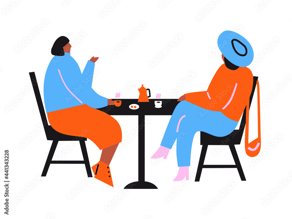 Women sit at tables in the great hall. People are having lunch or dinner at a restaurant. Colorful illustration in flat cartoon style. Vector illustrations with stylish modern women in casual clothes.