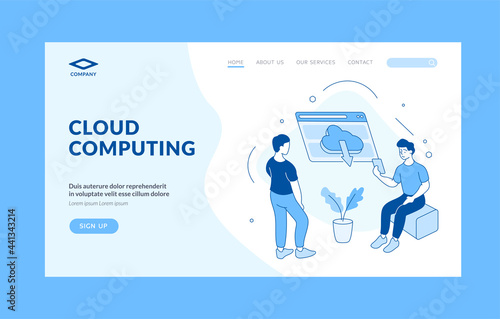 Highspeed web cloud computing. People download data from digital storage. Mobile application connected to global database. Secure online system with worldwide access. Vector home page flat template