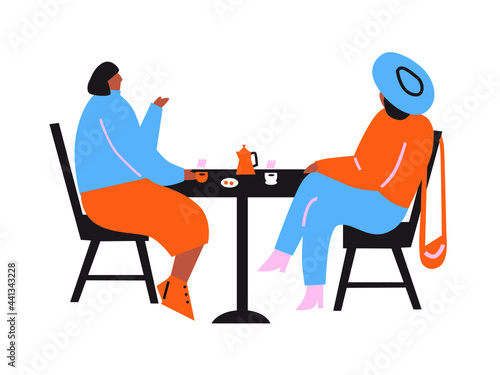 Women sit at tables in the great hall. People are having lunch or dinner at a restaurant. Colorful illustration in flat cartoon style. Vector illustrations with stylish modern women in casual clothes.