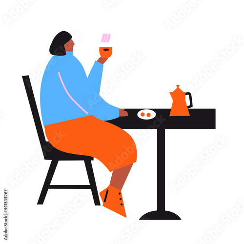 Women sit at tables in the great hall. People are having lunch or dinner at a restaurant. Colorful illustration in flat cartoon style. Vector illustrations with stylish modern women in casual clothes.