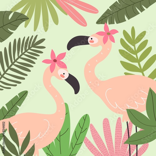 cartoon flamingo, plant, leaves, decor elements. Summer colorful vector illustration, flat style. design for cards, print, posters, logo, cover