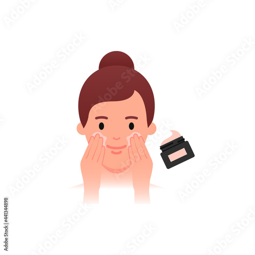Skin Care - moisturizing, anti-age cream. Woman applying facial cream. Flat style
