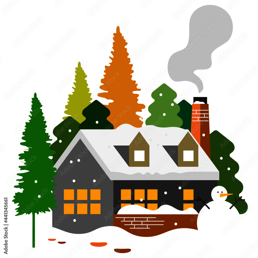 Vector house has a chimney with a white snowman in front of the house surrounded by yellow trees and snow-covered greens on a white background.