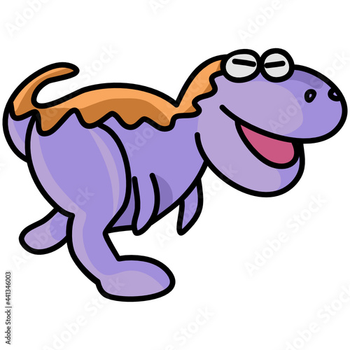 A cute small purple dinosaur is smiling on a white background.
