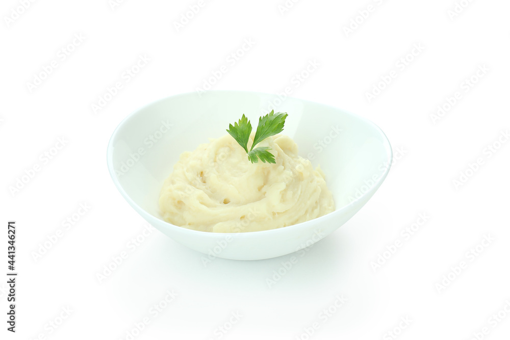 Plate of mashed potatoes isolated on white background Plate of mashed potatoes isolated on white background