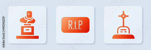 Set Speech bubble rip death, Grave with tombstone and Grave with cross. White square button. Vector